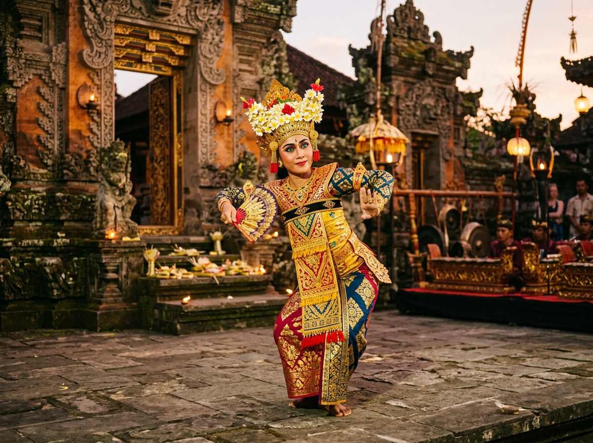 Balinese Legong dancer in traditional gold headdress and silk costume