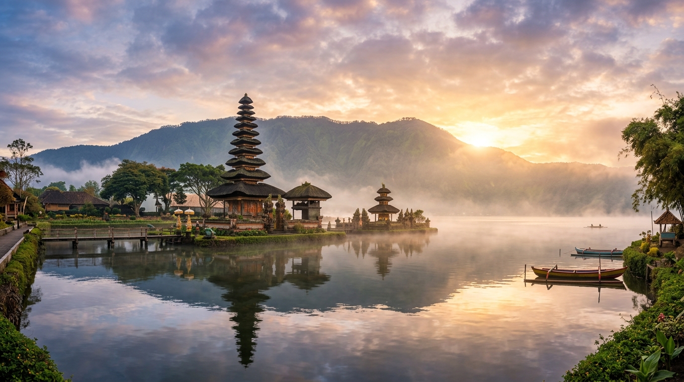 Pura Ulun Danu Beratan temple on Lake Bratan at sunrise in Bali