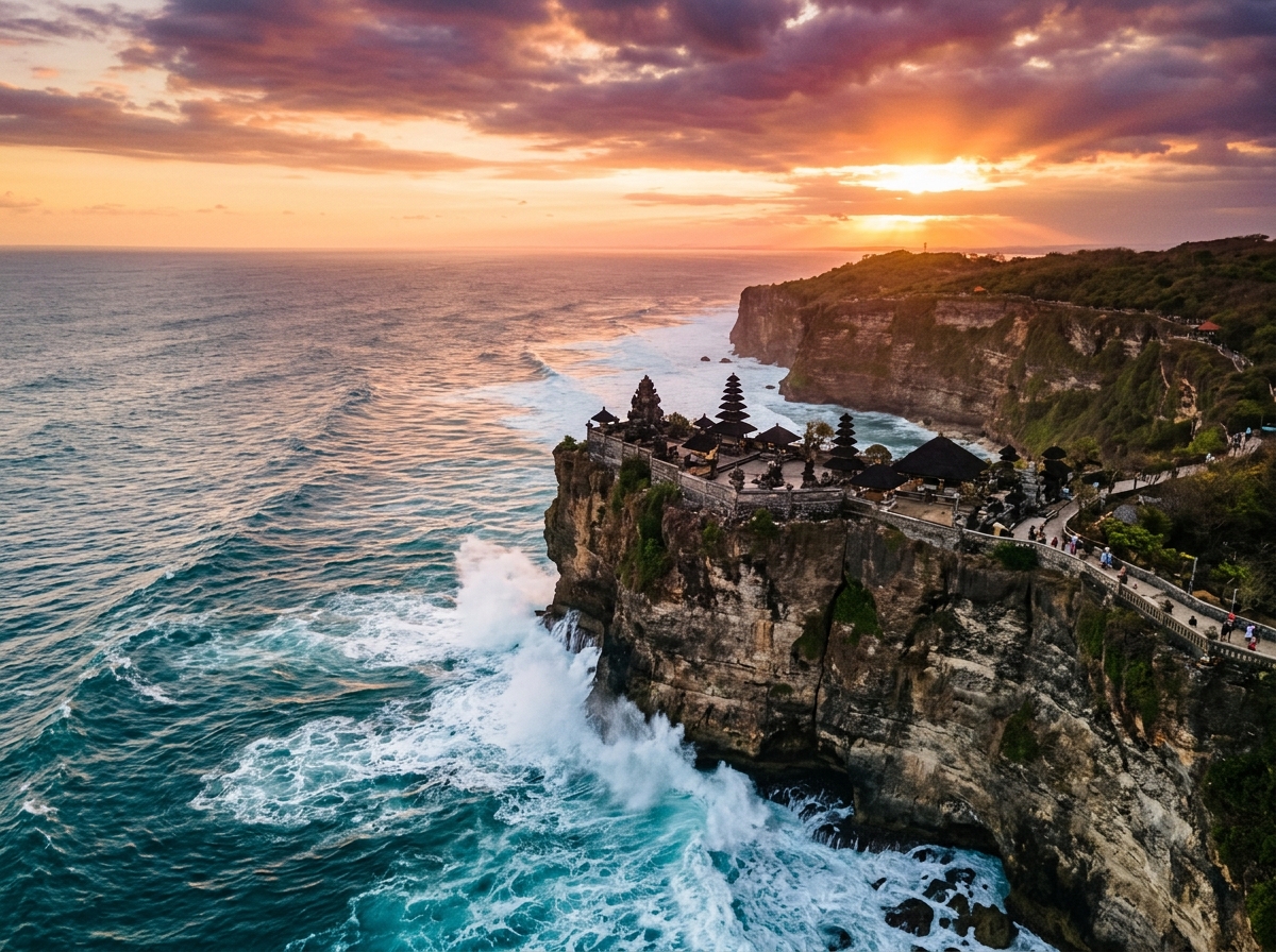 Pura Luhur Uluwatu perched on 70m limestone sea cliff at sunset